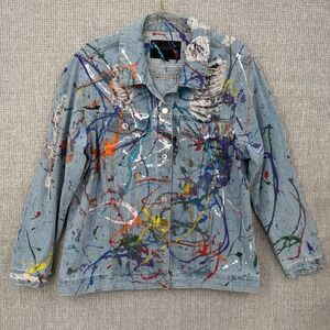 Miss London Denim Jacket Distressed Paint Splatter Jean Jacket XL Boho Art Y2K